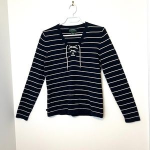 Lauren by Ralph Lauren Navy Striped Sweater Lace Tie Up Size S